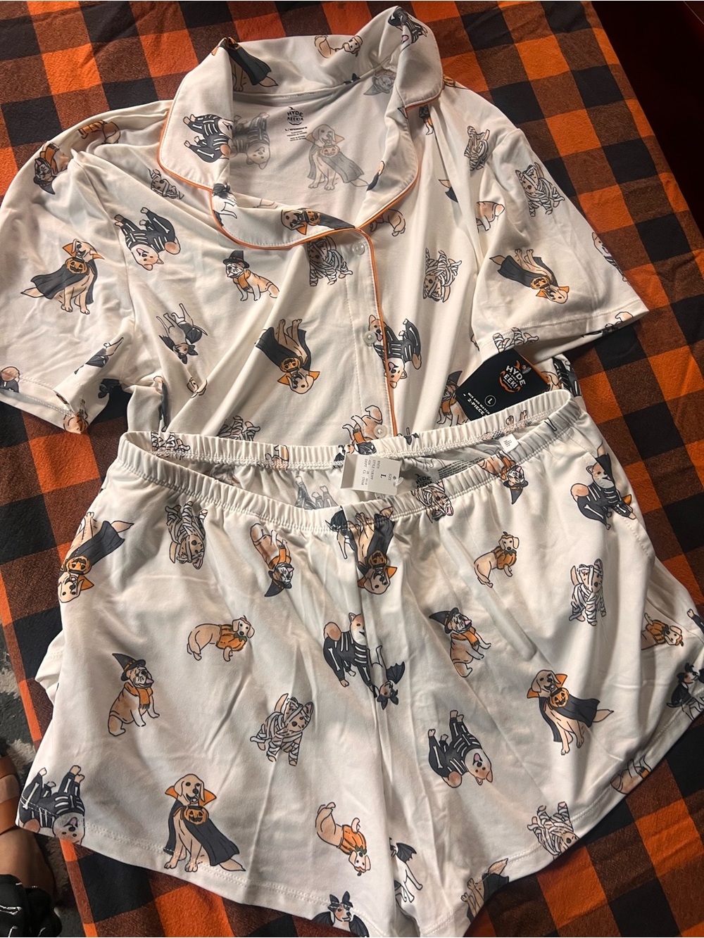 Cream Dog-Print Pajama Set - Short Sleeve Top & Shorts
